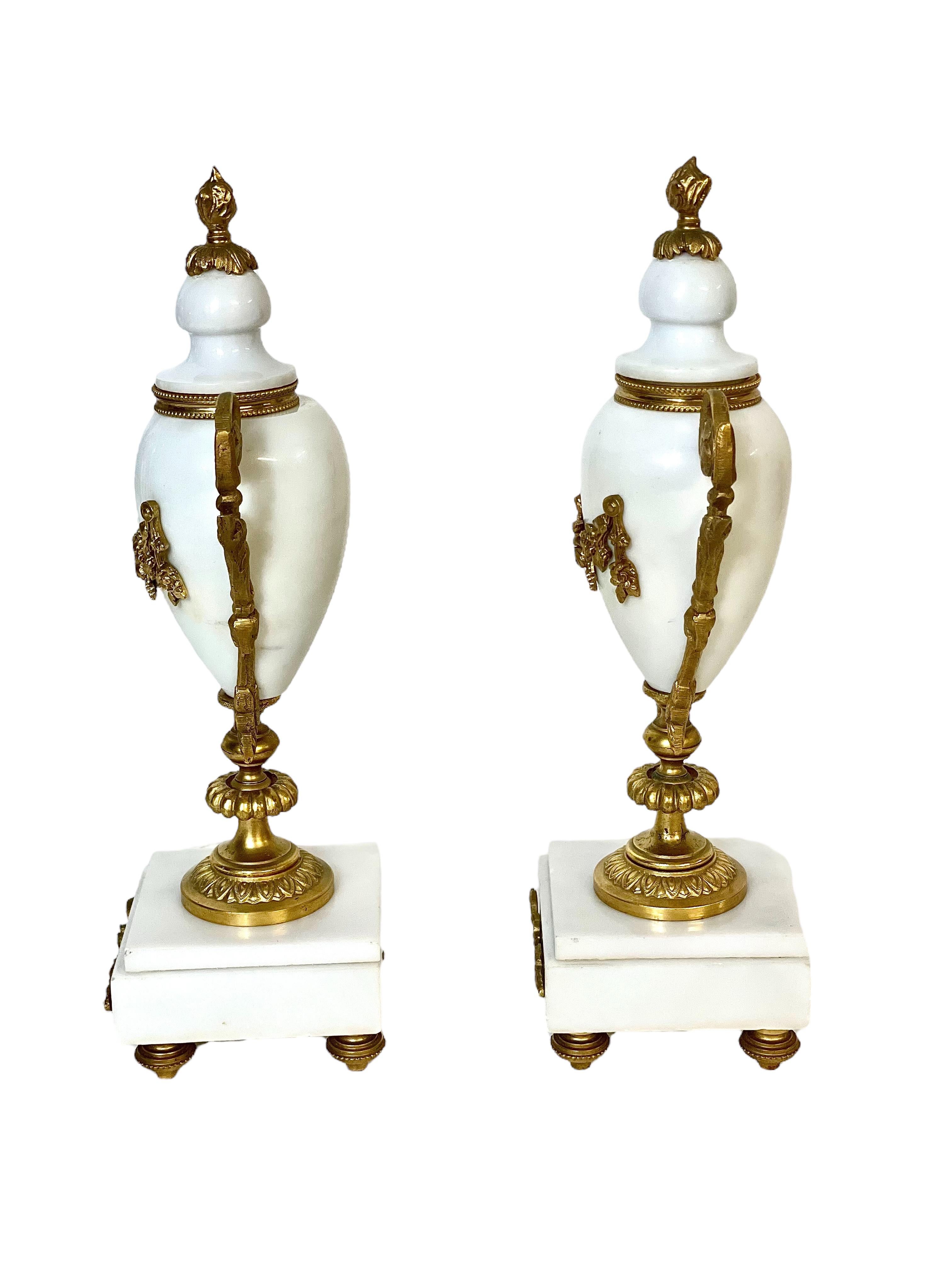 French Pair of White Marble and Ormolu 'Cassolette' Urns