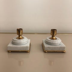 Pair of White Marble Brass Candleholders Vintage Hollywood Regency 1970s