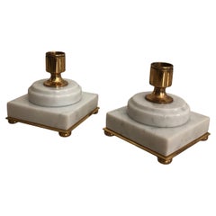 Pair of White Marble Brass Candleholders Vintage Hollywood Regency 1970s