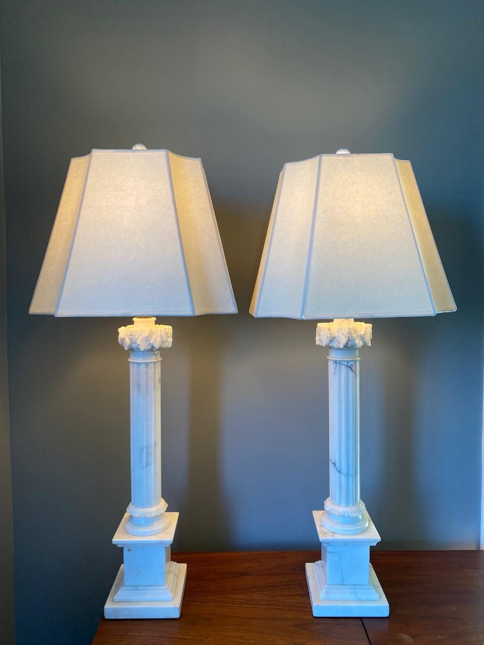 Pair of White Marble Corinthian Column Table Lamps 3