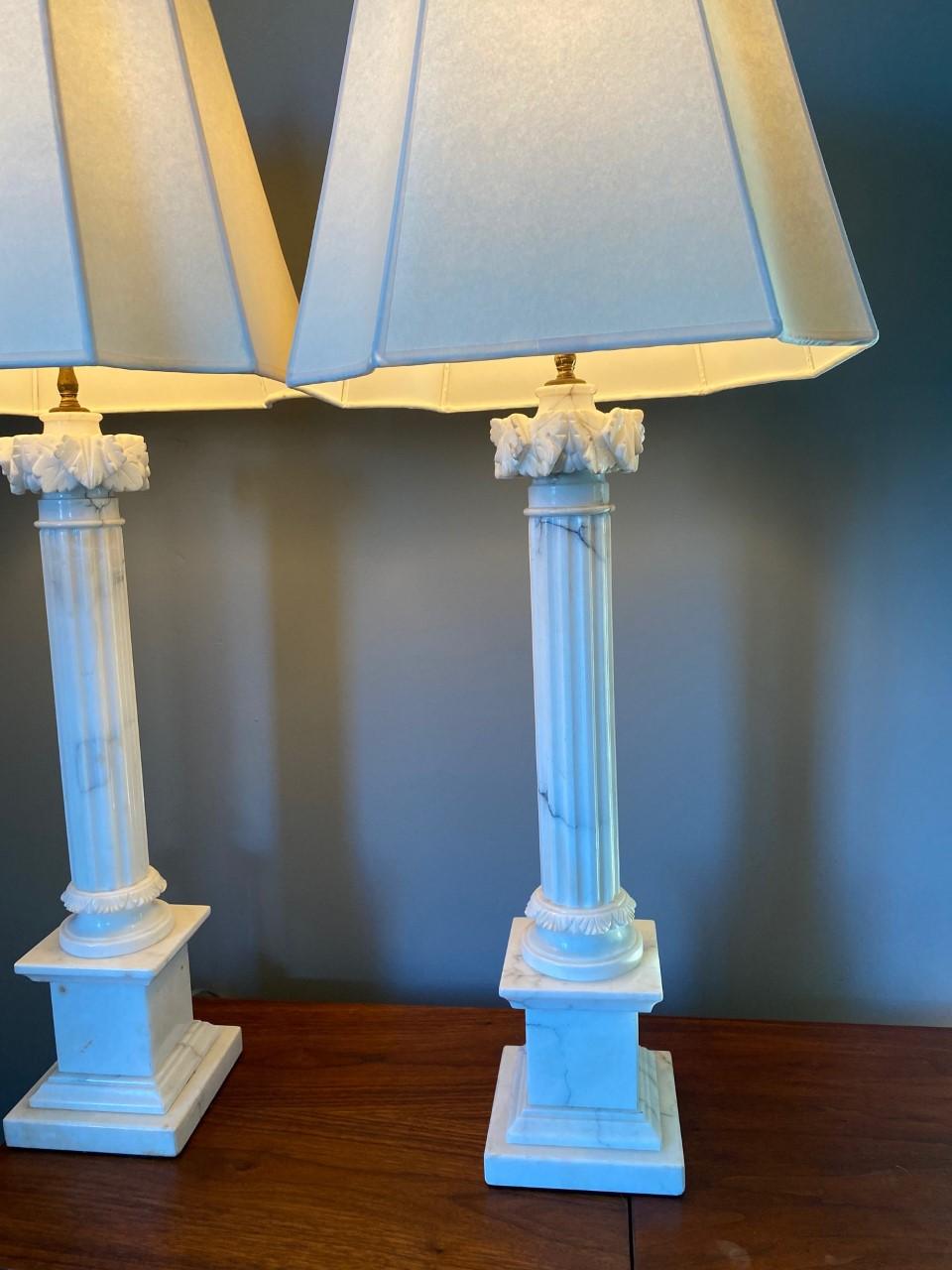 Pair of White Marble Corinthian Column Table Lamps 4