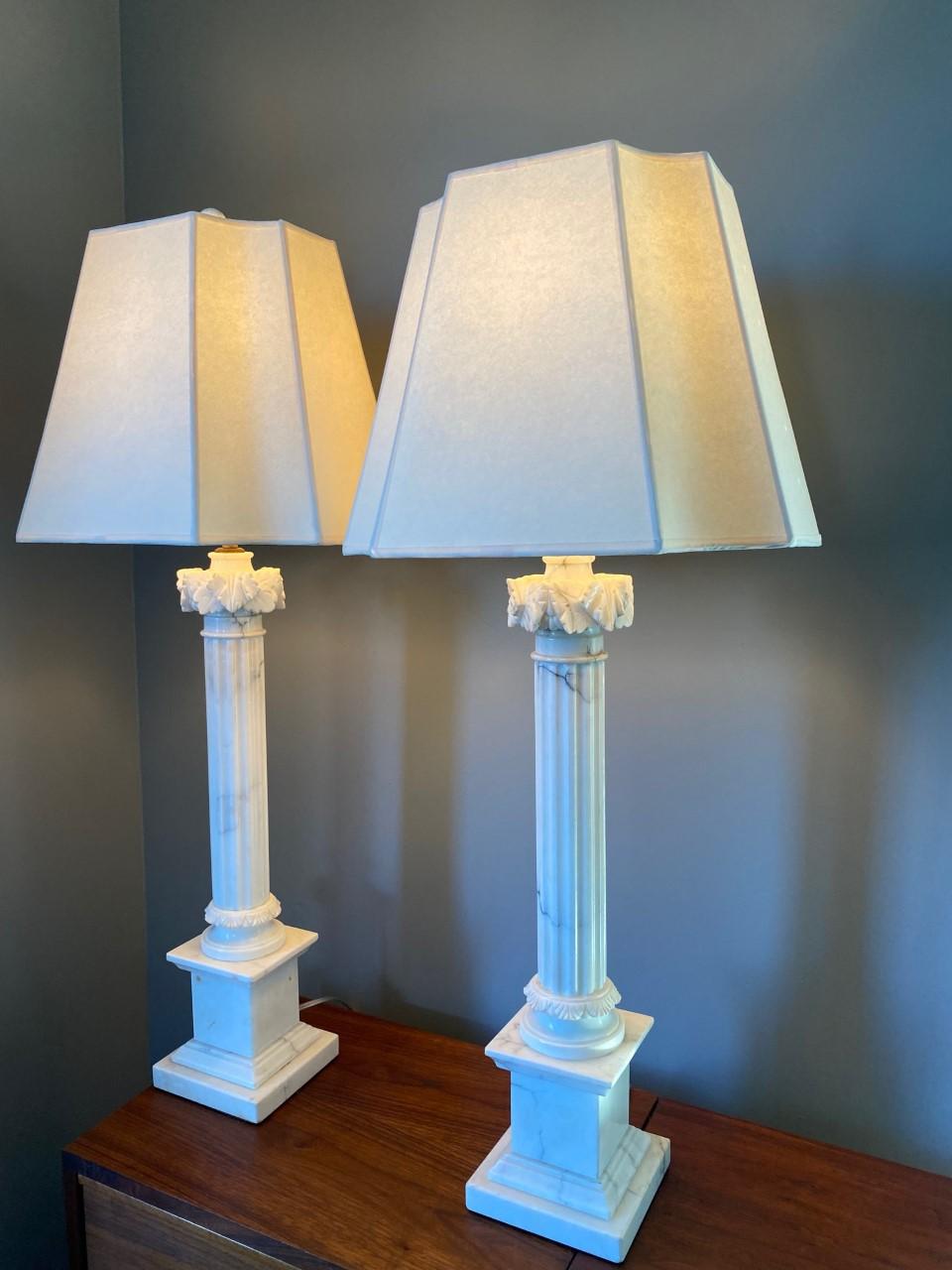 Pair of White Marble Corinthian Column Table Lamps 5