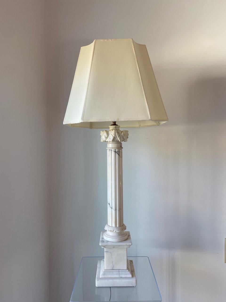 Hollywood Regency Pair of White Marble Corinthian Column Table Lamps