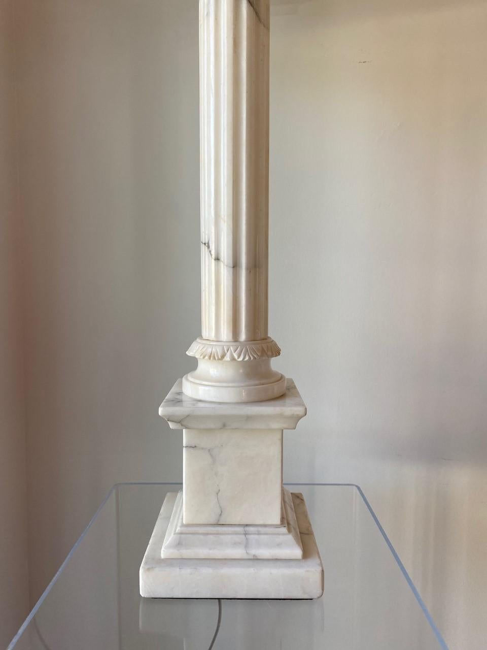 American Pair of White Marble Corinthian Column Table Lamps