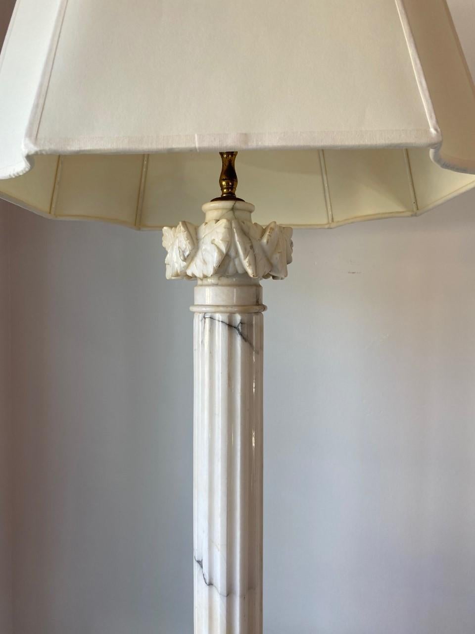 Hand-Crafted Pair of White Marble Corinthian Column Table Lamps