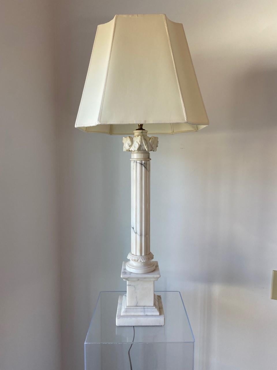 Pair of White Marble Corinthian Column Table Lamps 2