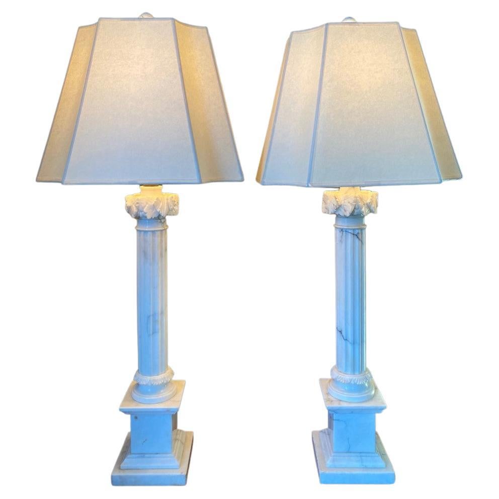 Pair of White Marble Corinthian Column Table Lamps