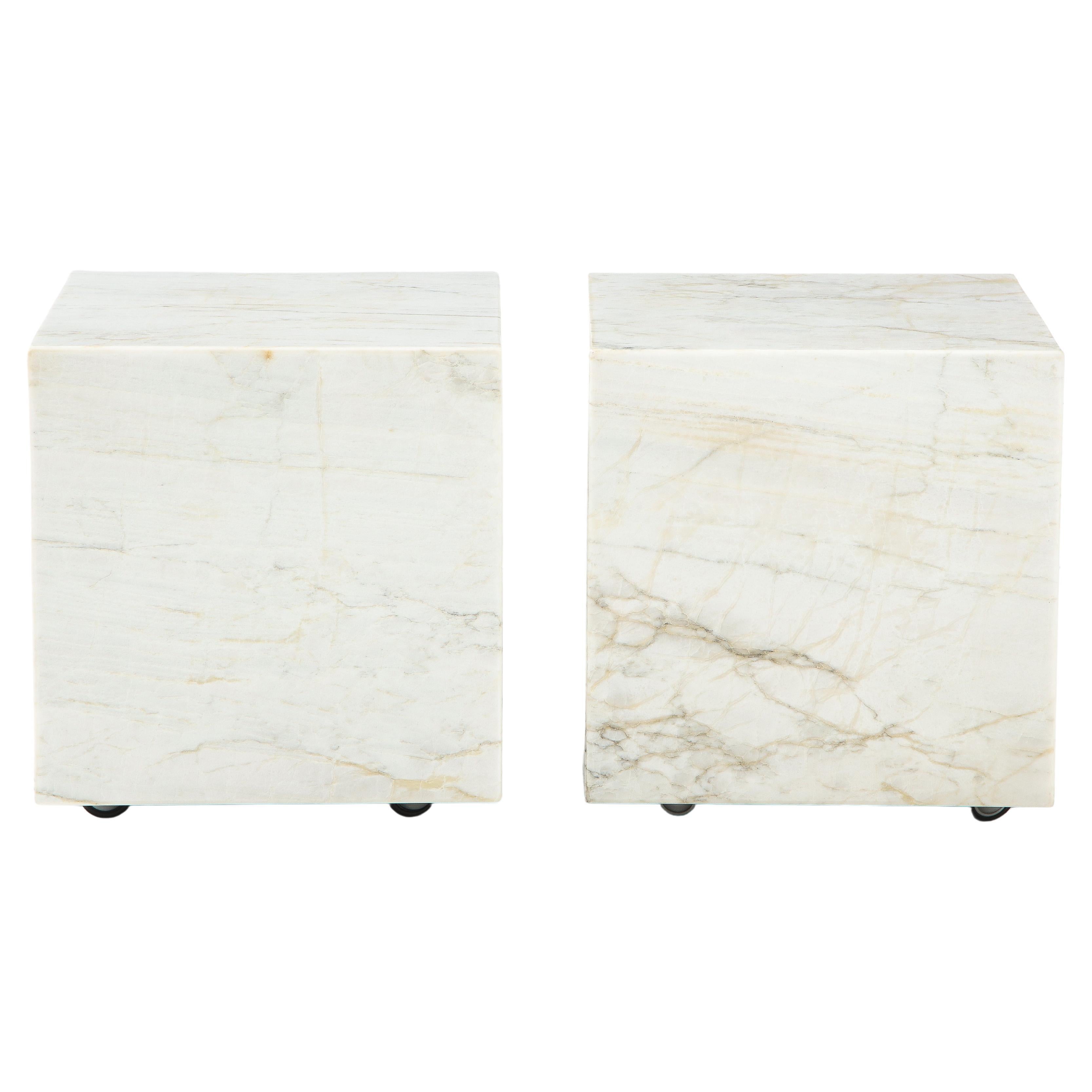 Pair of White Marble Cube Tables For Sale