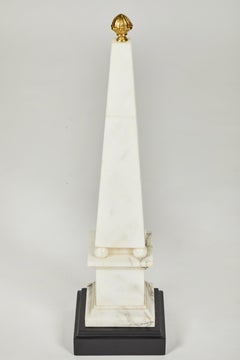 Pair of White Marble Obelisks on Painted Wood Bases with Brass Acorn Finials