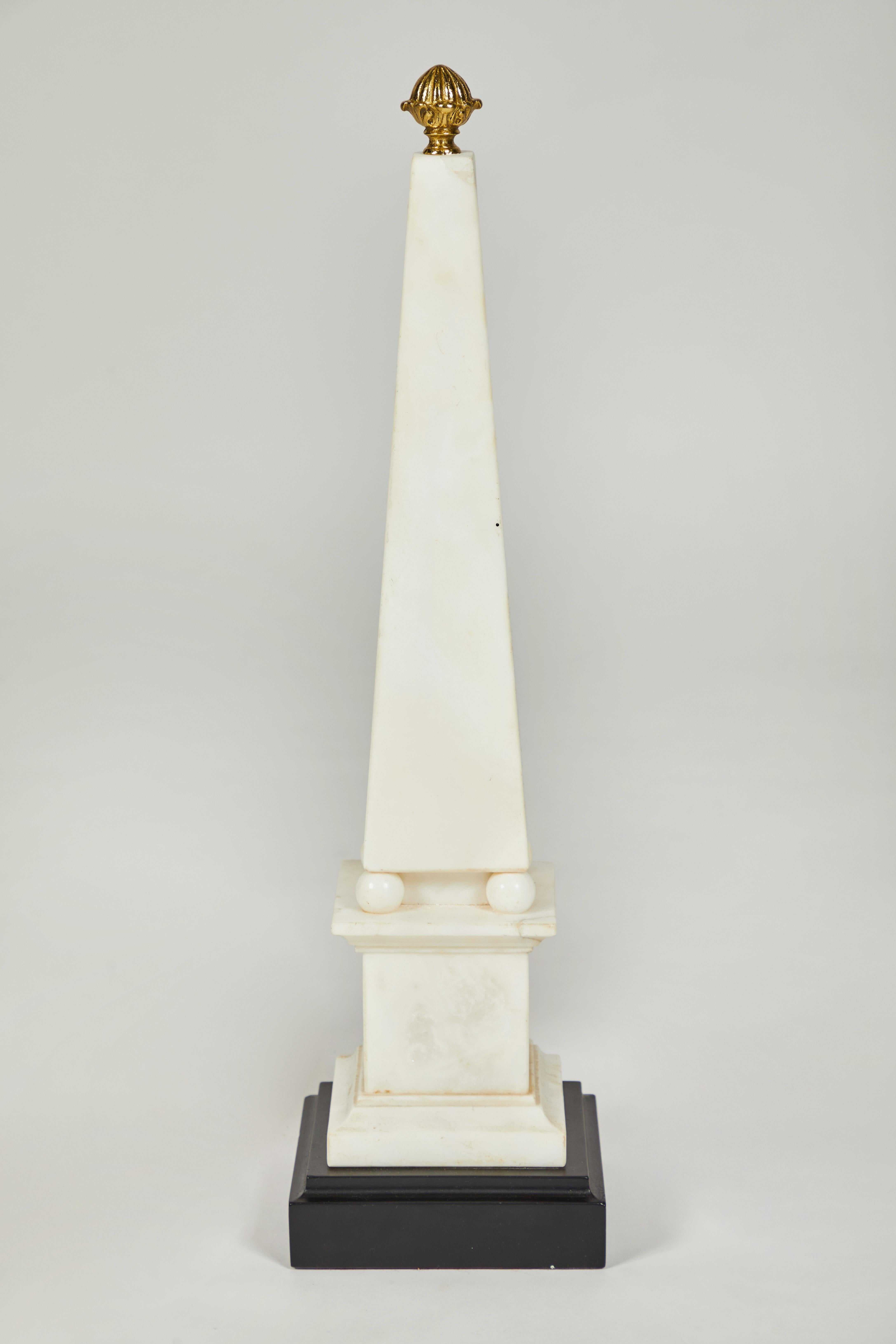 European Pair of White Marble Obelisks on Painted Wood Bases with Brass Acorn Finials For Sale
