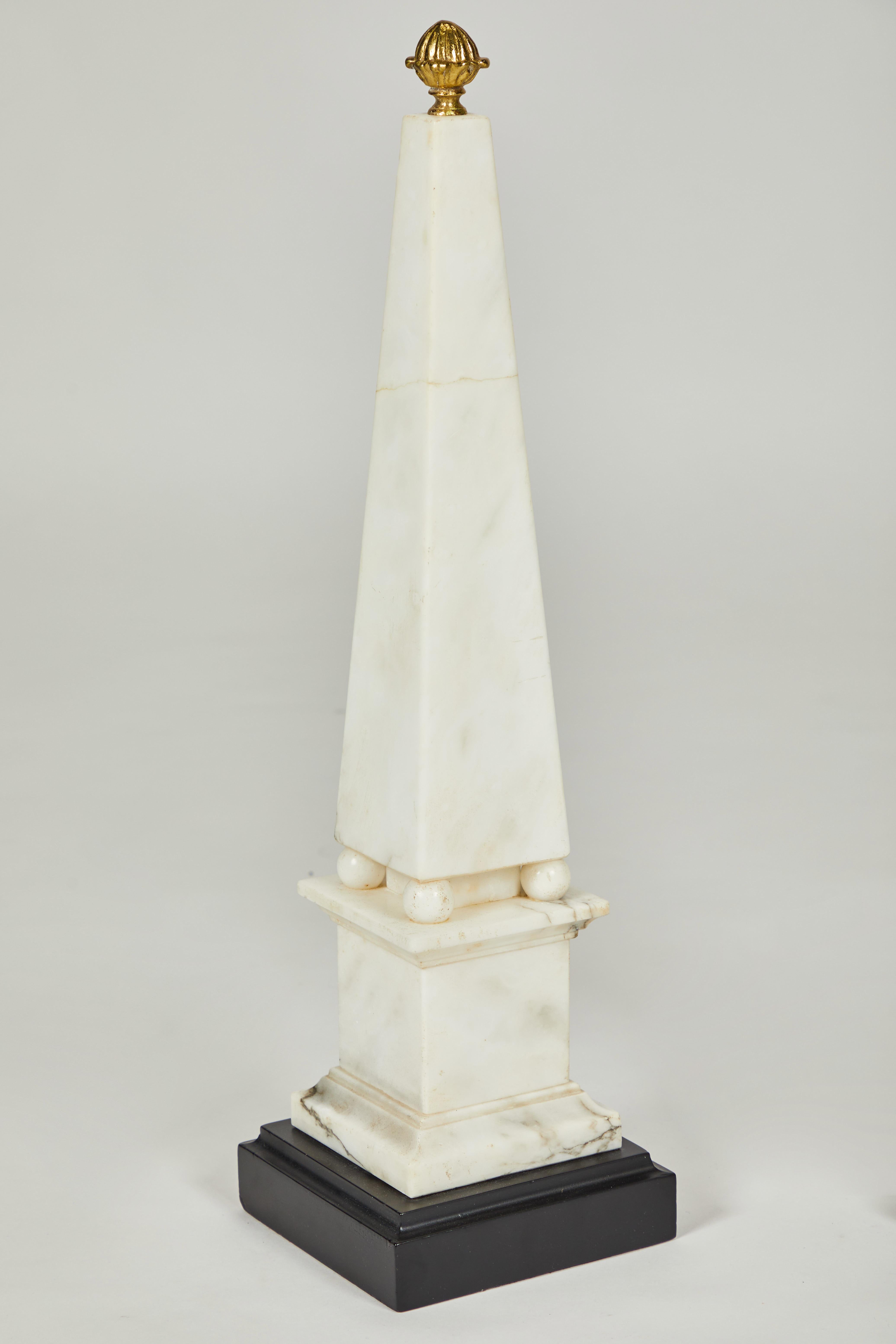19th Century Pair of White Marble Obelisks on Painted Wood Bases with Brass Acorn Finials For Sale