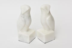 White Marble Owl Bookends Pair of Vintage