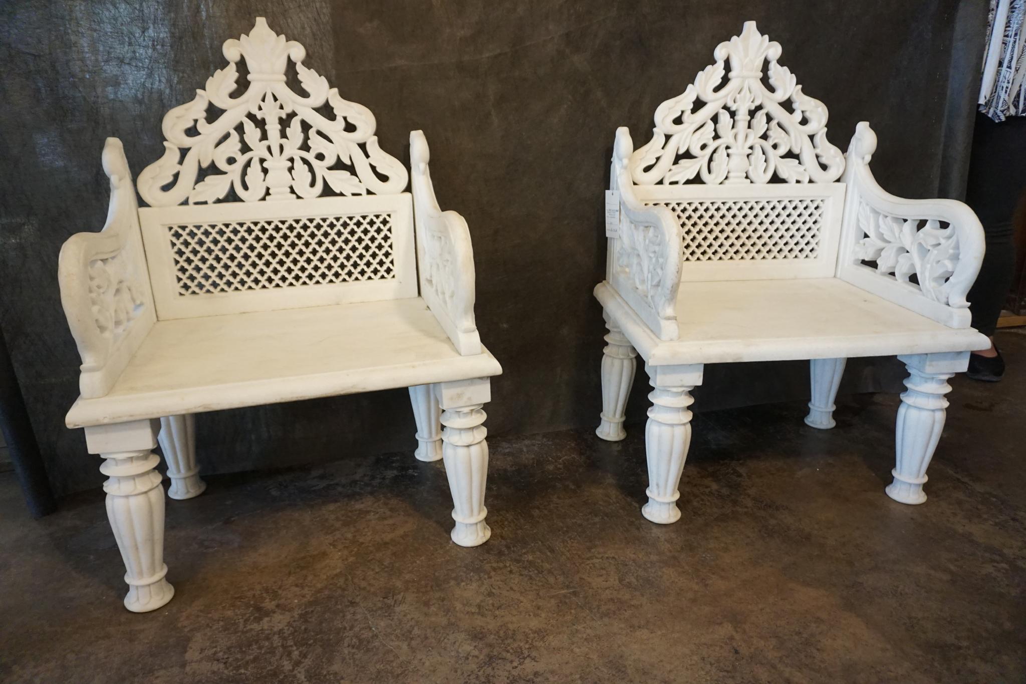 This beautiful pair of white marble palace chairs were handmade in Rajasthan, India. 

Origin: India

circa 1890

Measurements: 27