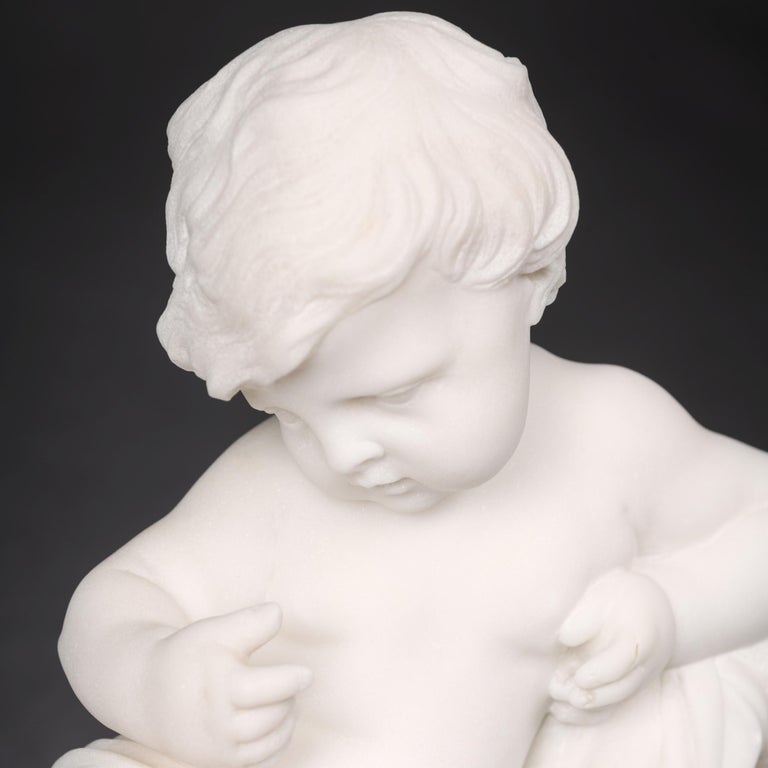 19th Century Pair of White Marble Sculptures of Reclining Putti For Sale