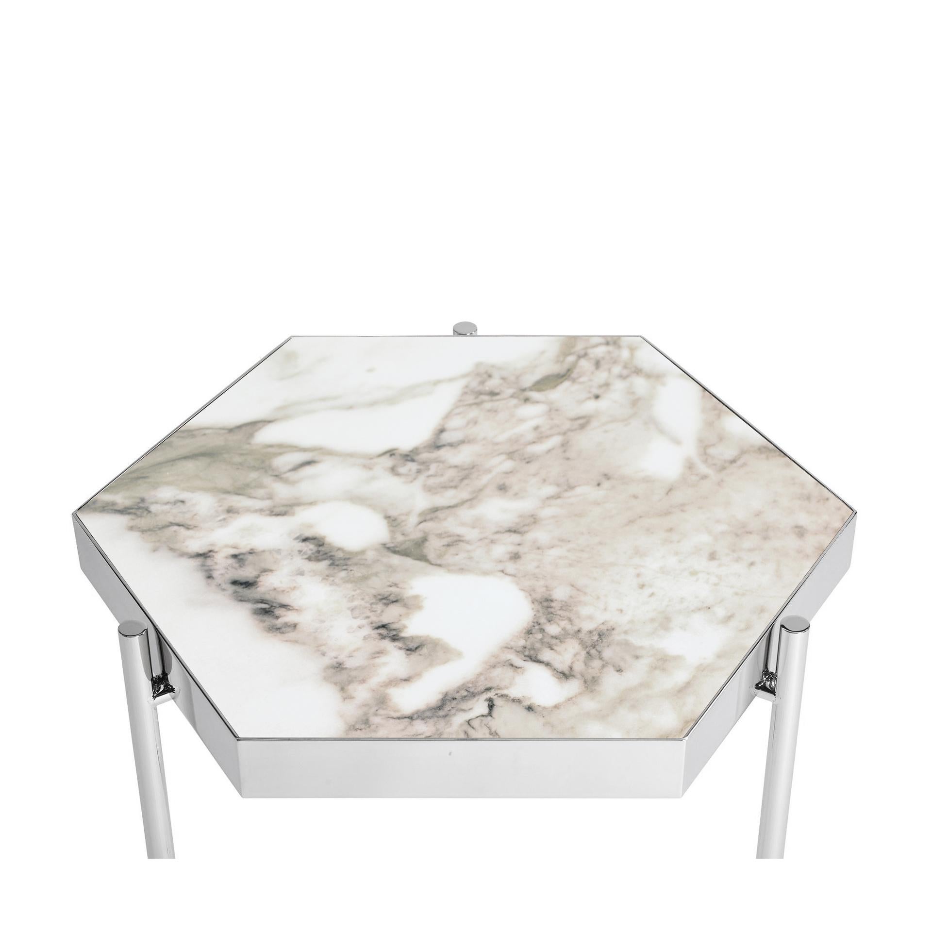 Pair of White Marble Staineless Steel Side Hexagonal Tables For Sale 3