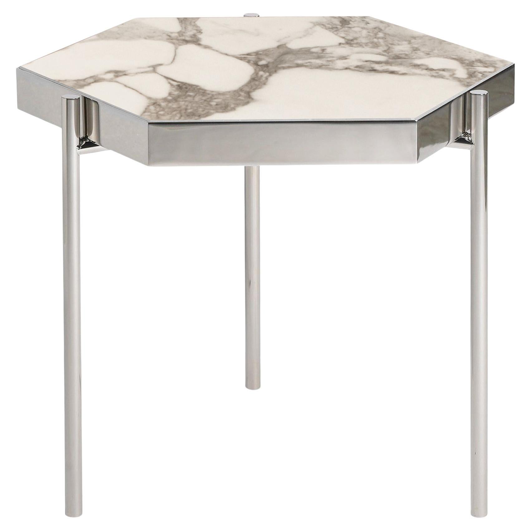 Pair of White Marble Staineless Steel Side Hexagonal Tables For Sale