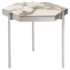 Pair of White Marble Staineless Steel Side Hexagonal Tables