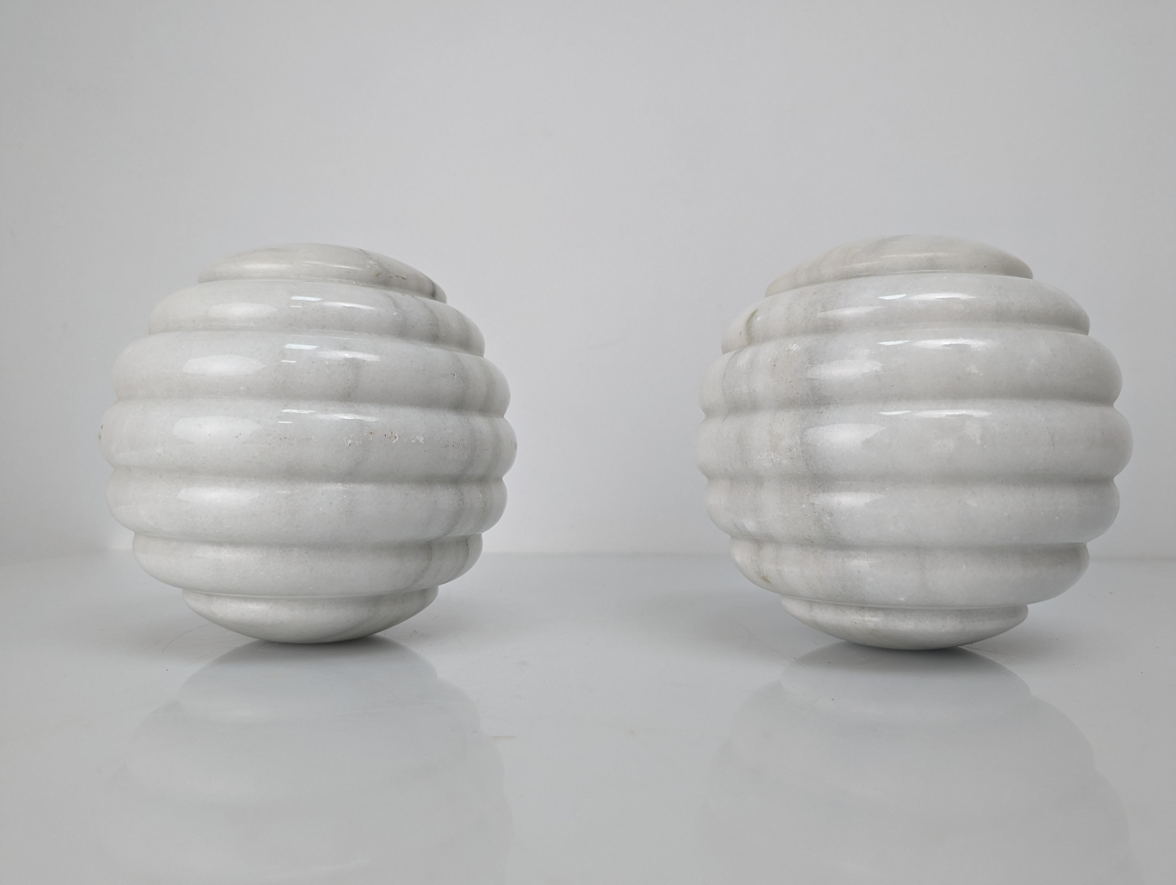 Late 20th Century Pair of White Marble Stair Ball Finials