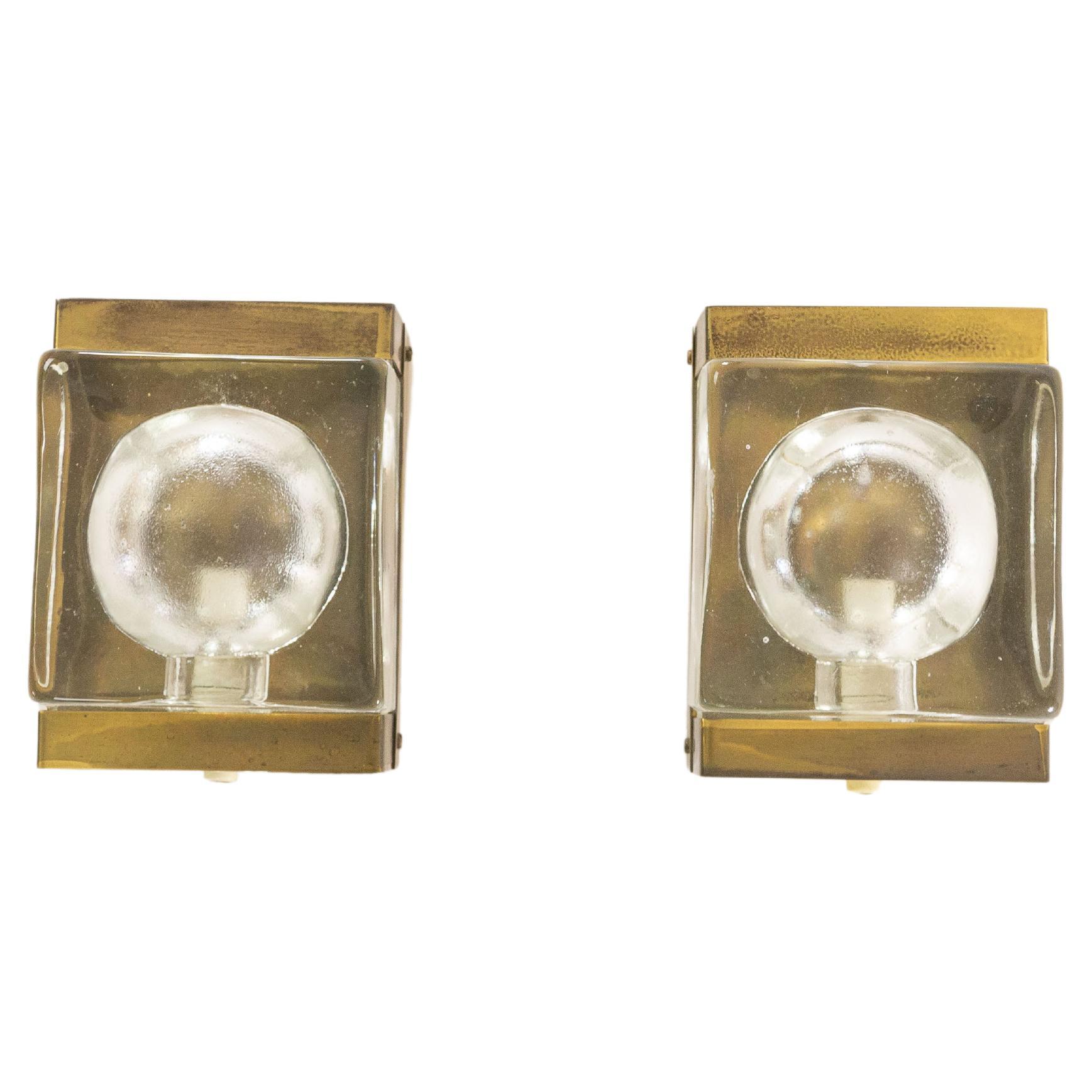 Pair of White Maritim Glass and Brass Wall Lamps by Vitrika, 1970s