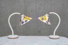 Pair of White Markslöjd Table Lamps with Josef Frank Shades, Sweden, 1970s