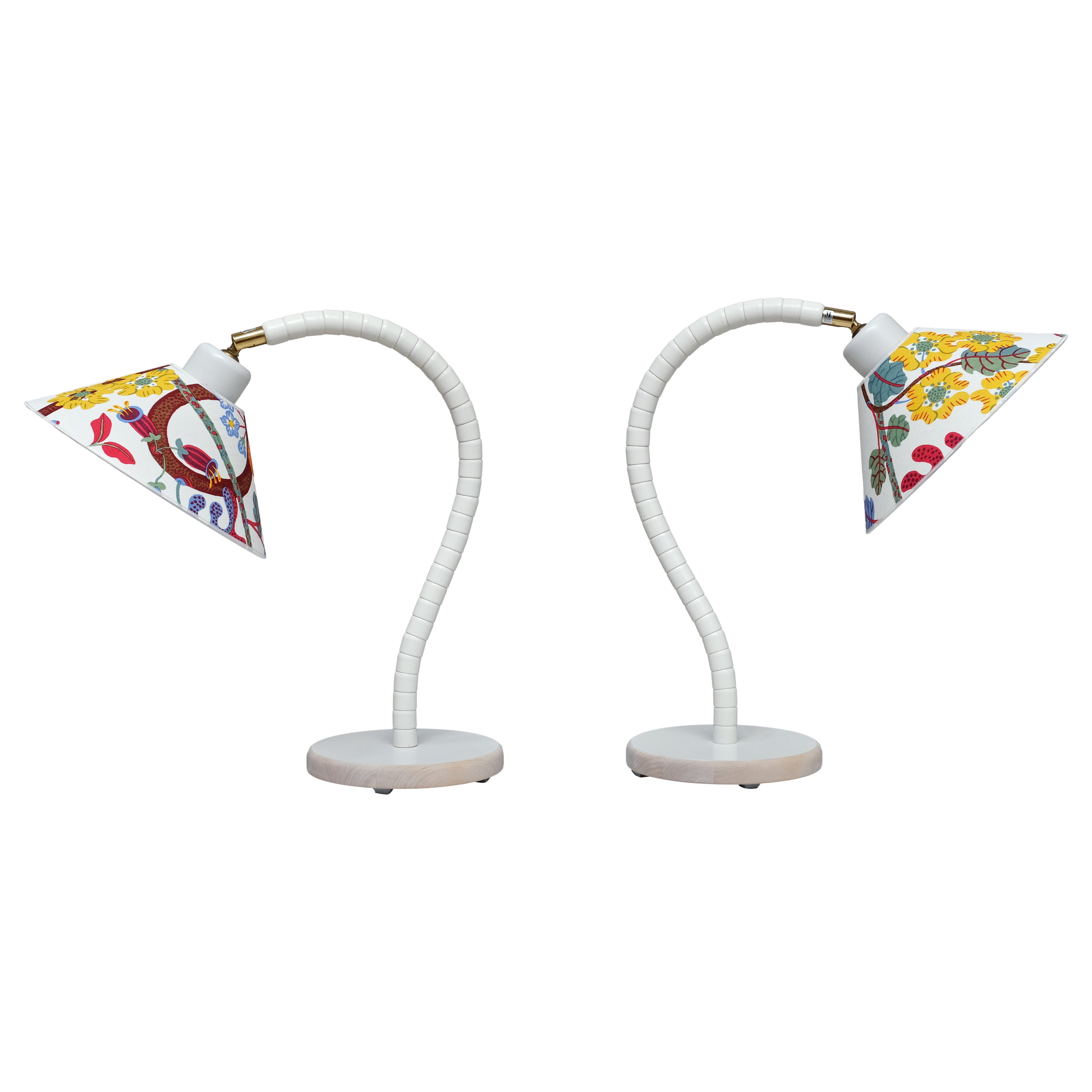Pair of White Markslöjd Table Lamps with Josef Frank Shades, Sweden, 1970s