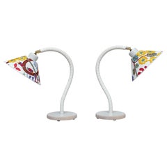 Pair of White Markslöjd Table Lamps with Josef Frank Shades, Sweden, 1970s