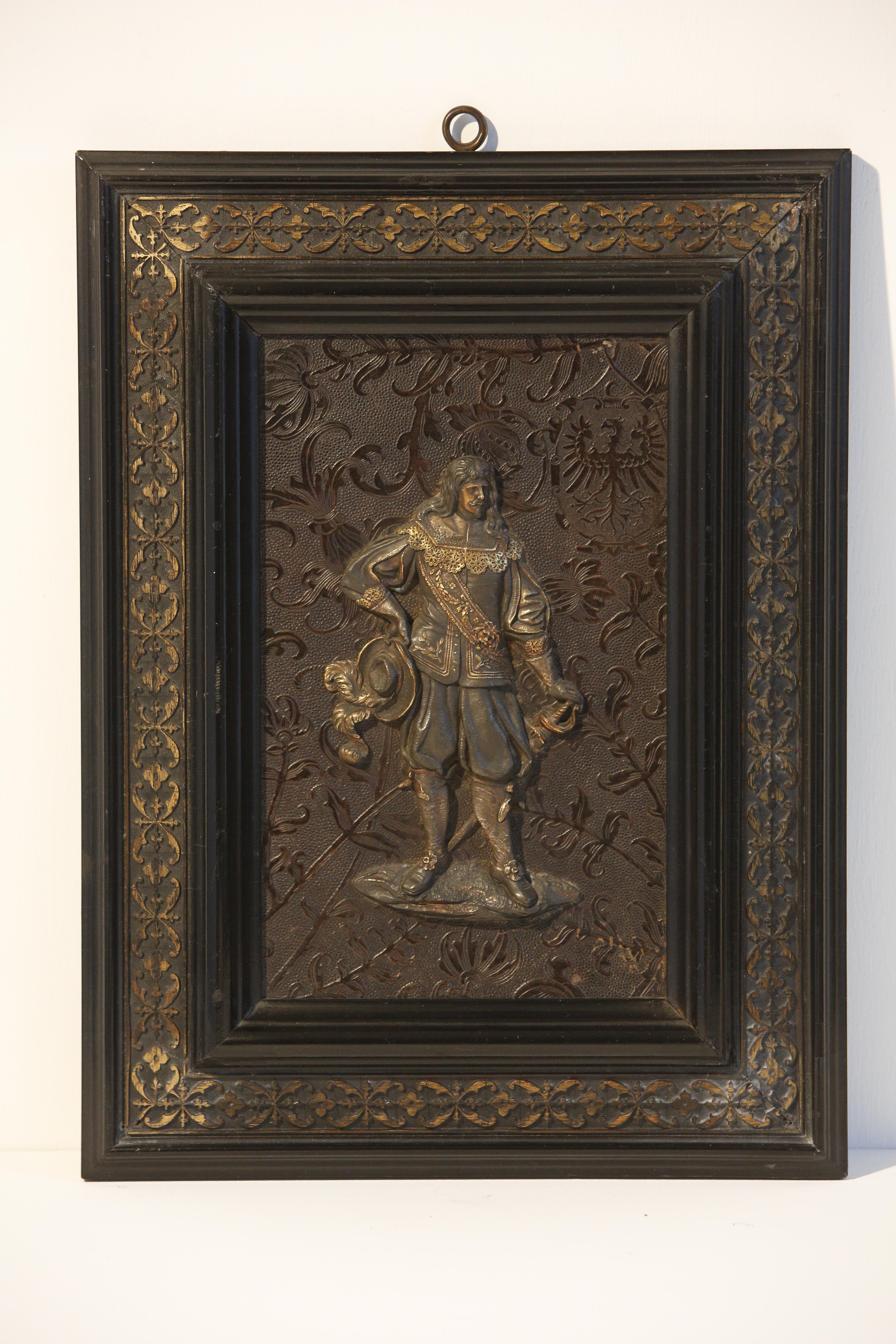 Gothic Revival Pair of White Metal and Gilded Bronze Relief Plaques with 17c Figures For Sale