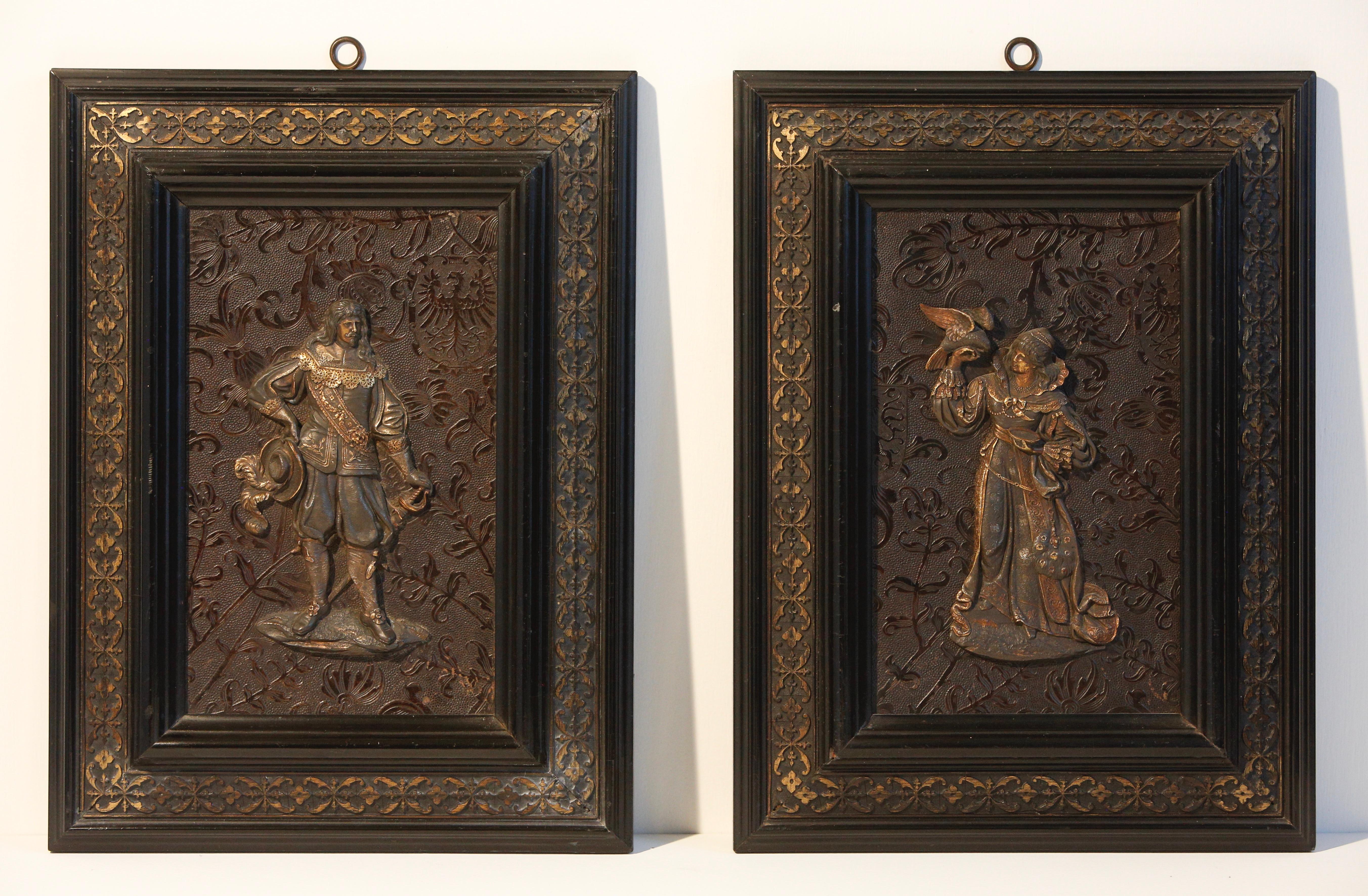 Pair of White Metal and Gilded Bronze Relief Plaques with 17c Figures For Sale