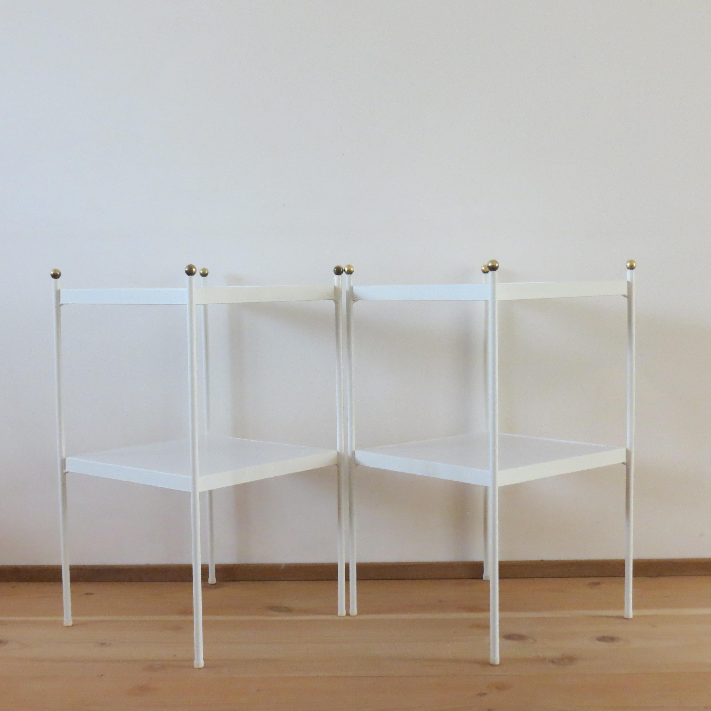 Pair of White Metal Bedside Cabinets Side Tables with Brass Detail, 1960s 2