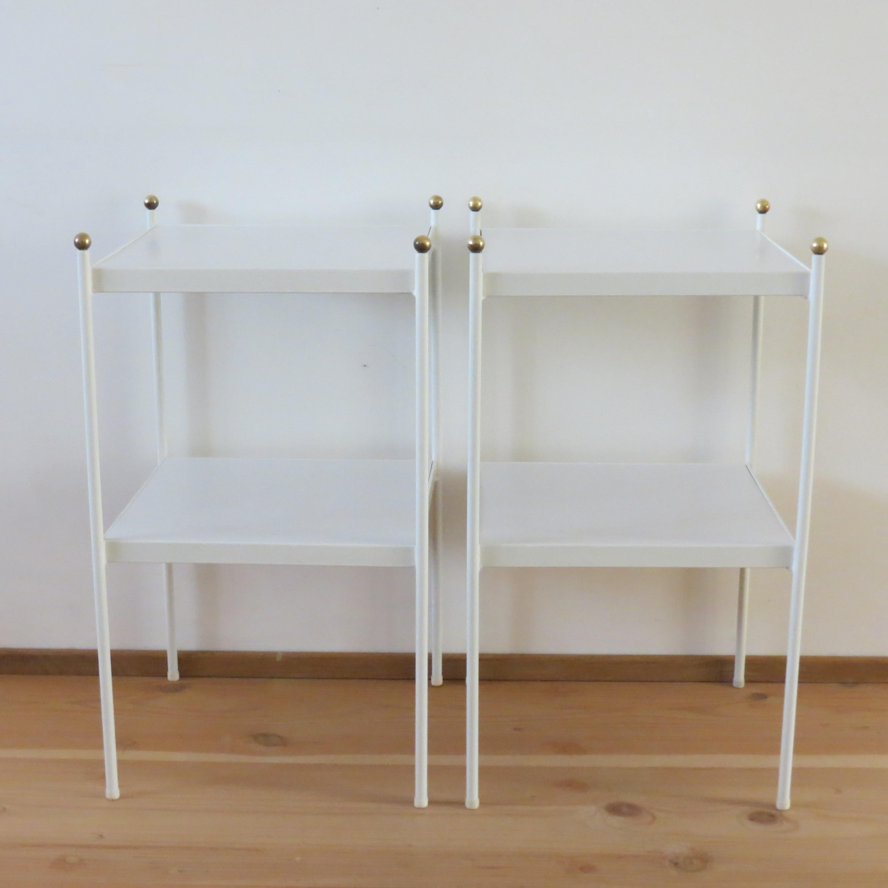 Pair of White Metal Bedside Cabinets Side Tables with Brass Detail, 1960s 5