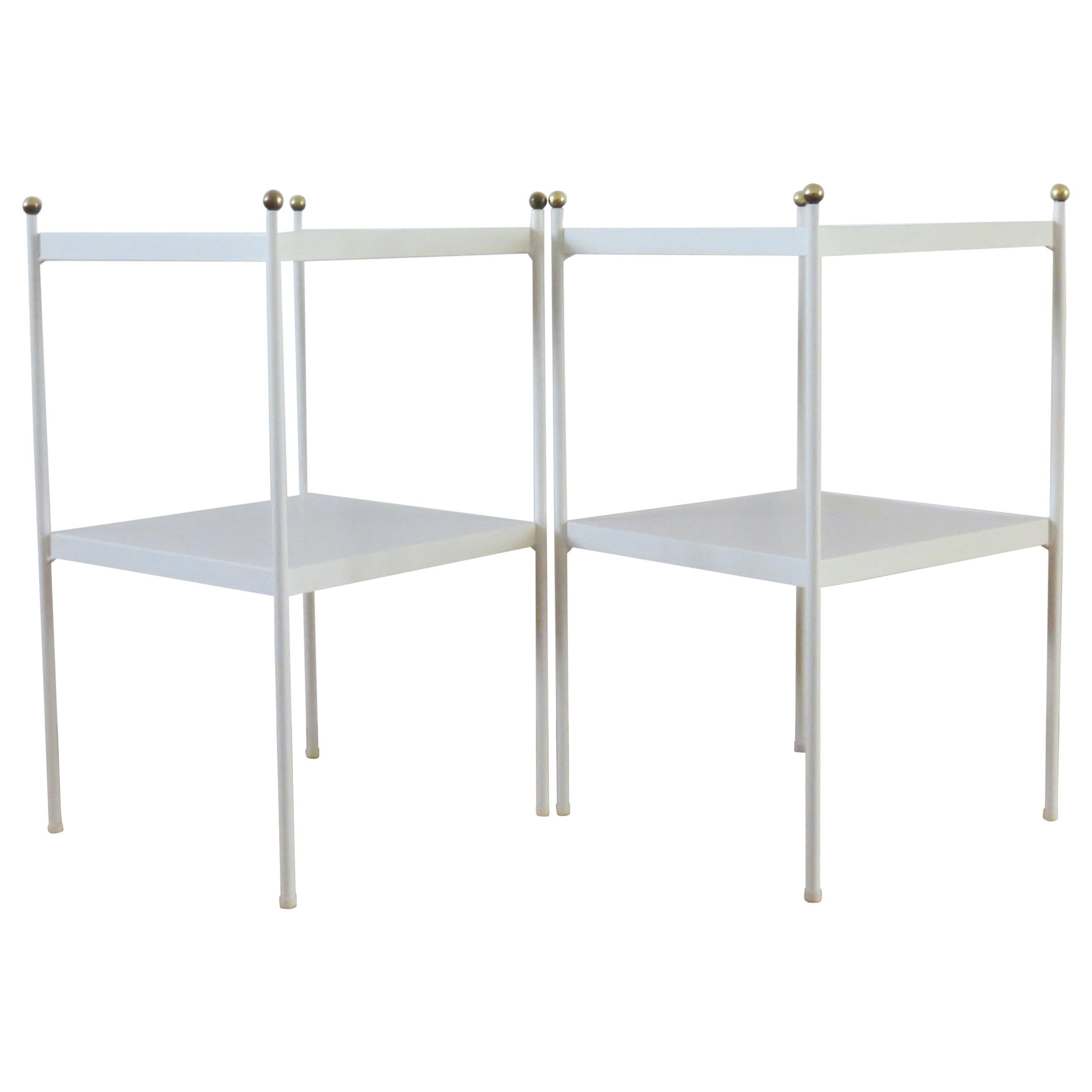 Pair of White Metal Bedside Cabinets Side Tables with Brass Detail, 1960s