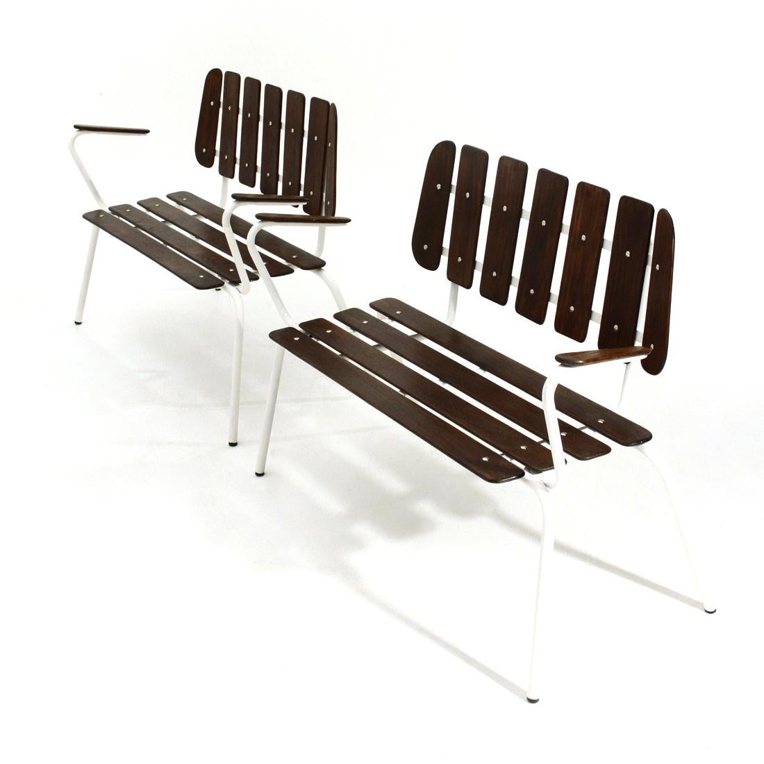 Mid-Century Modern Pair of White Metal Benches with Wooden Slats, 1950s For Sale