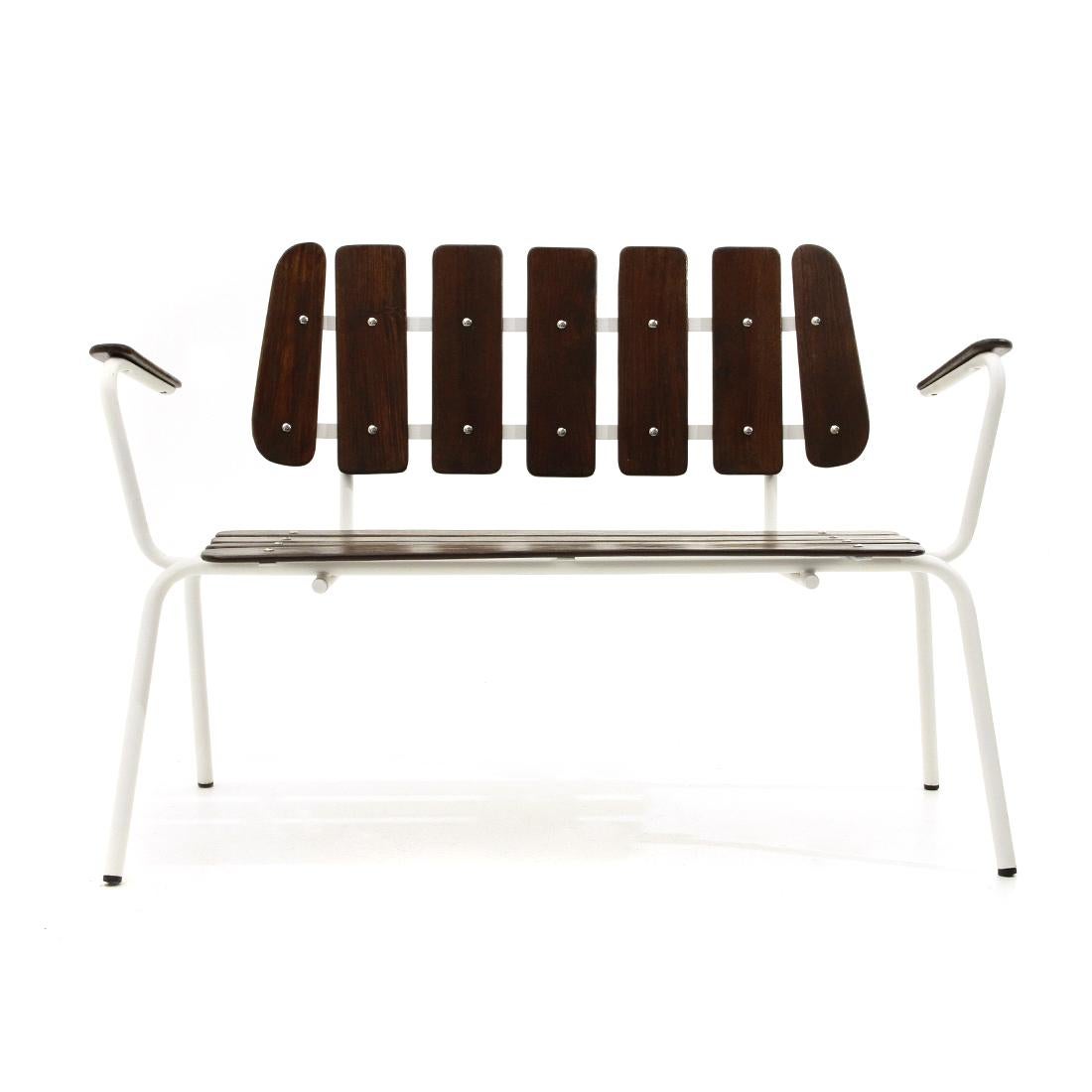 Italian Pair of White Metal Benches with Wooden Slats, 1950s For Sale