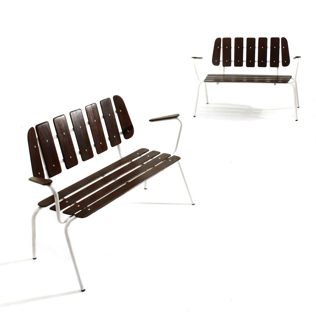 Mid-20th Century Pair of White Metal Benches with Wooden Slats, 1950s For Sale