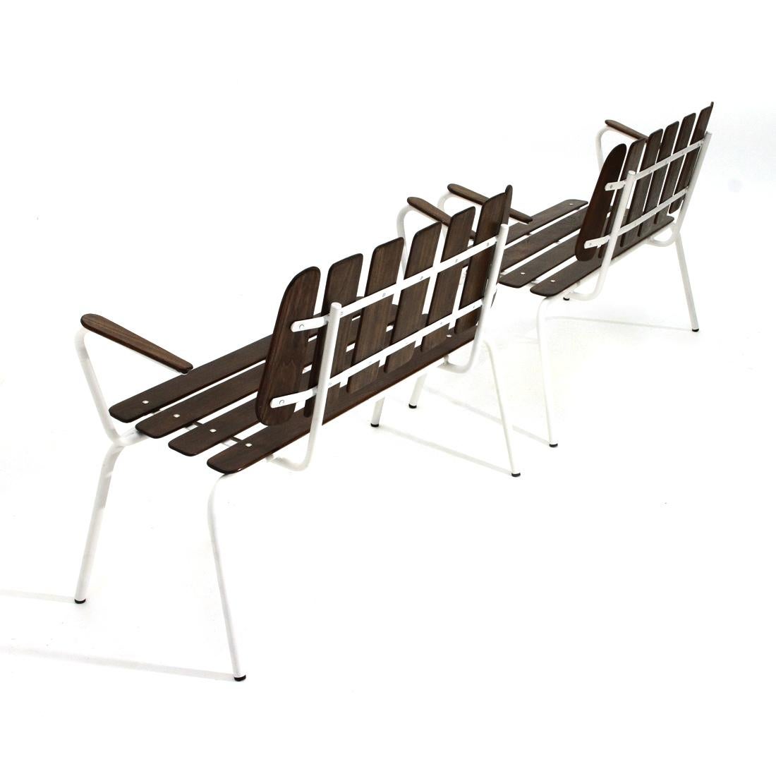 Pair of White Metal Benches with Wooden Slats, 1950s For Sale 1