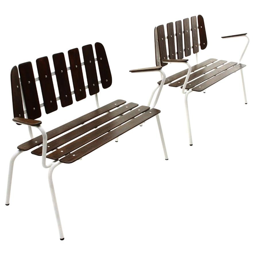 Pair of White Metal Benches with Wooden Slats, 1950s For Sale
