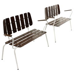 Pair of White Metal Benches with Wooden Slats, 1950s