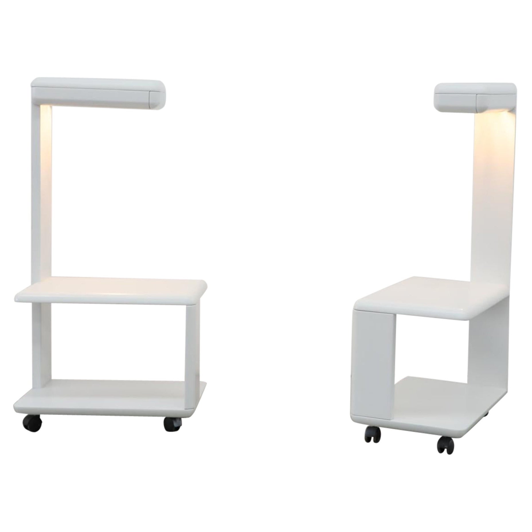 Pair of White Mod Rolling Side Table with Built-In Lamps and Cube Shaped Bases