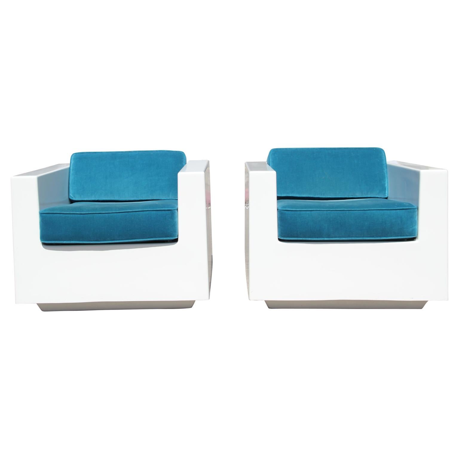 Unknown Pair of White Modern Cube Fiberglass Armchairs with Teal Velvet Seats