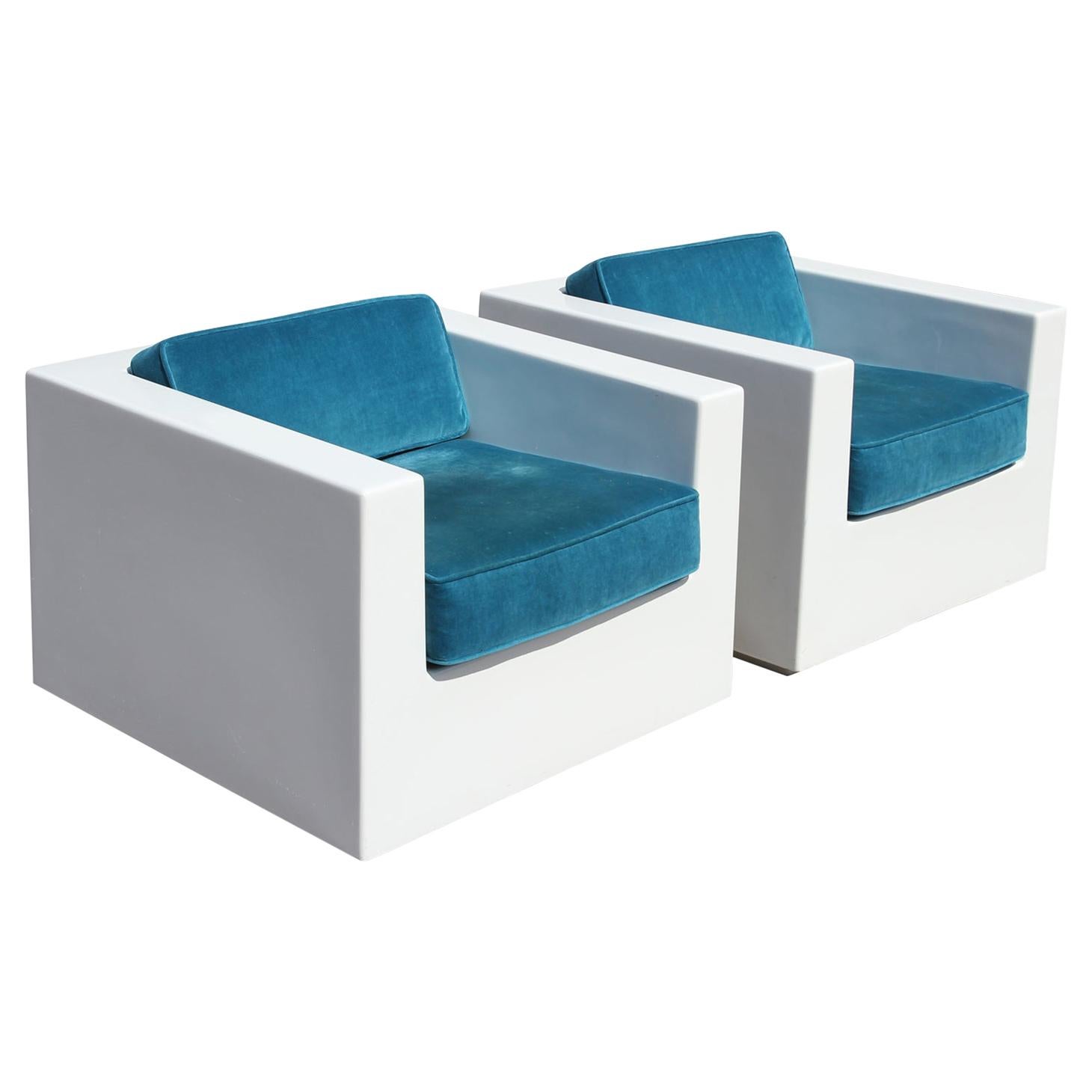 Pair of White Modern Cube Fiberglass Armchairs with Teal Velvet Seats