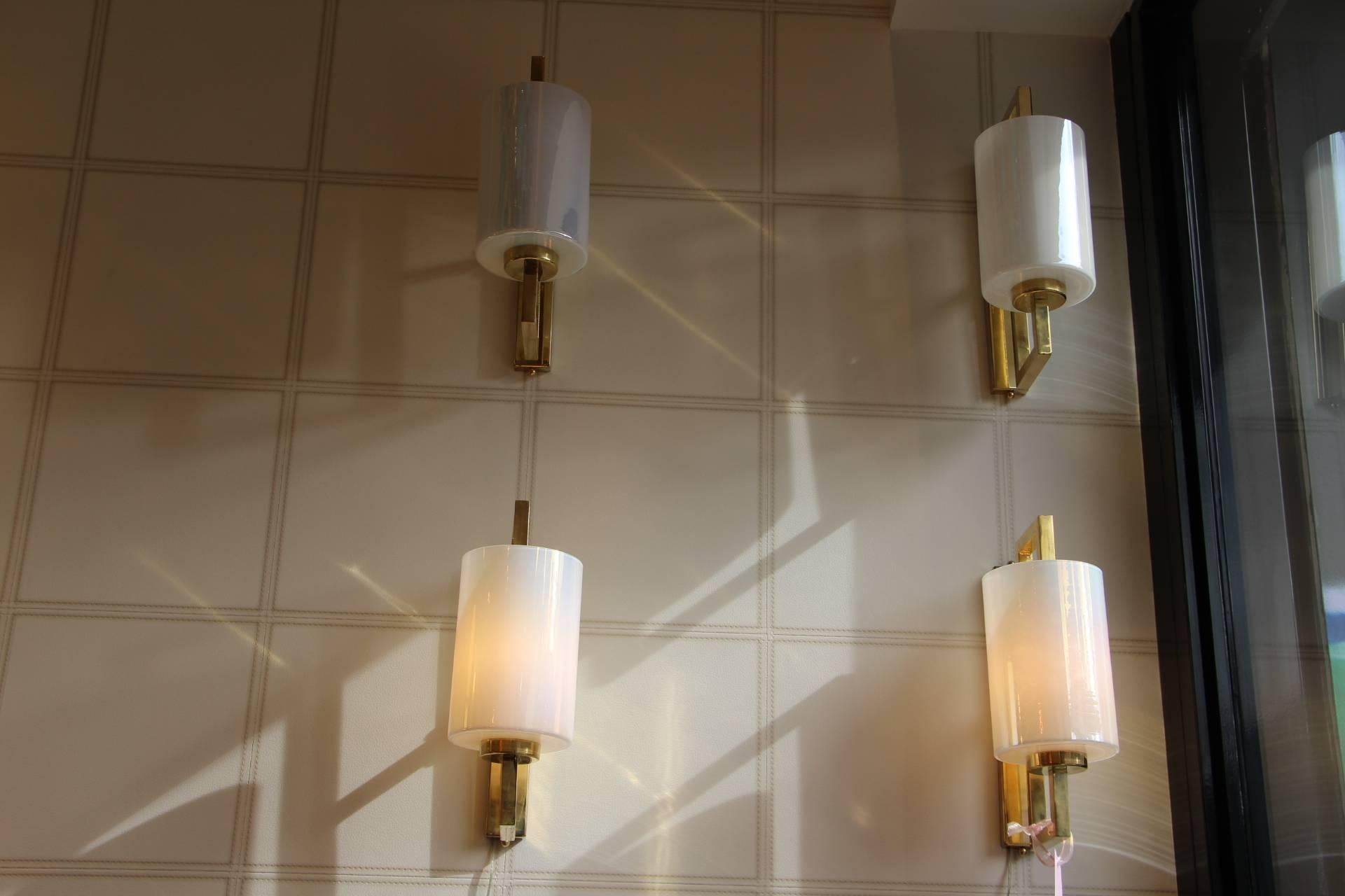 Pair of White Murano Glass and Brass Sconces, Iridescent and Pearly Cylinder 5