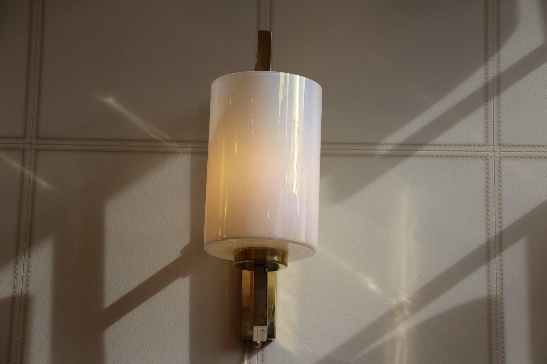 Pair of White Murano Glass and Brass Sconces, Iridescent and Pearly Cylinder 6