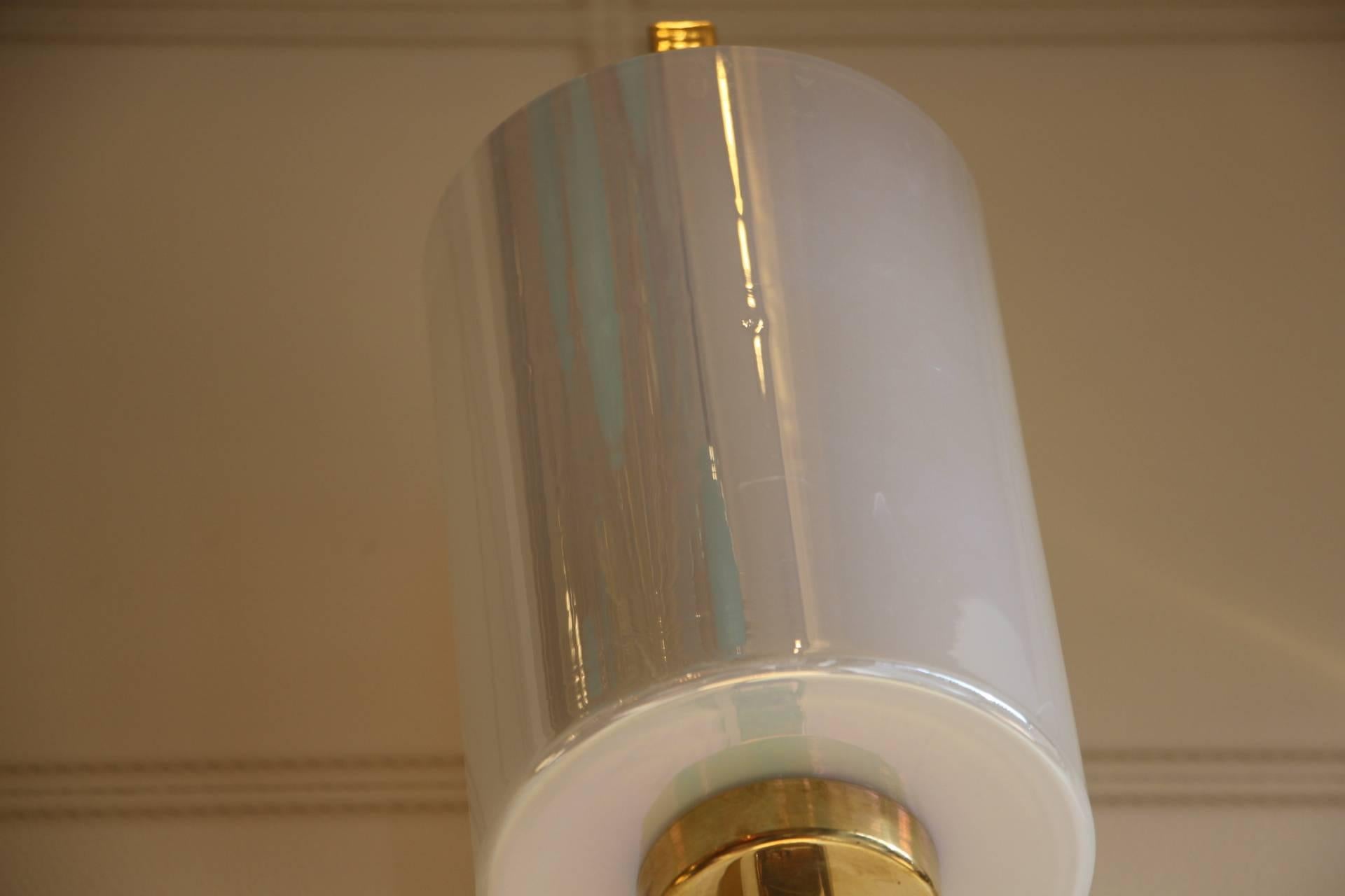 Pair of White Murano Glass and Brass Sconces, Iridescent and Pearly Cylinder 8