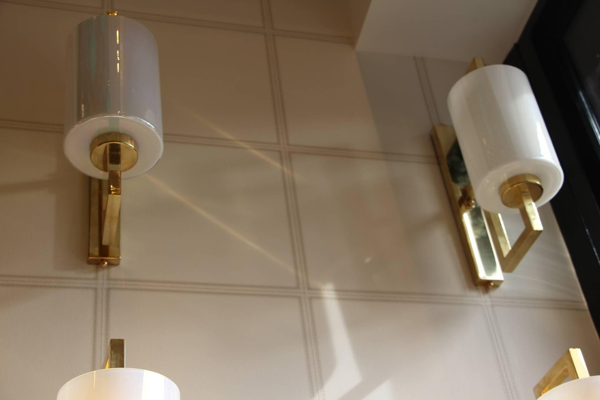 Pair of White Murano Glass and Brass Sconces, Iridescent and Pearly Cylinder 9