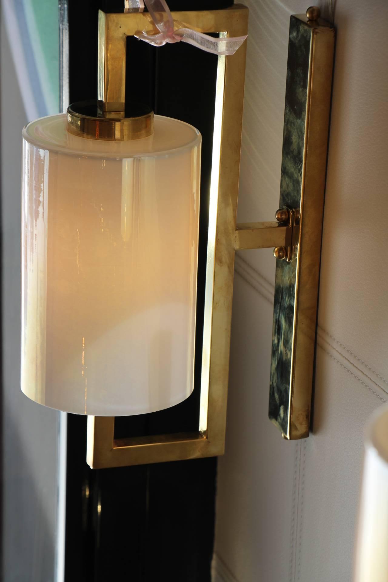 Pair of White Murano Glass and Brass Sconces, Iridescent and Pearly Cylinder 11