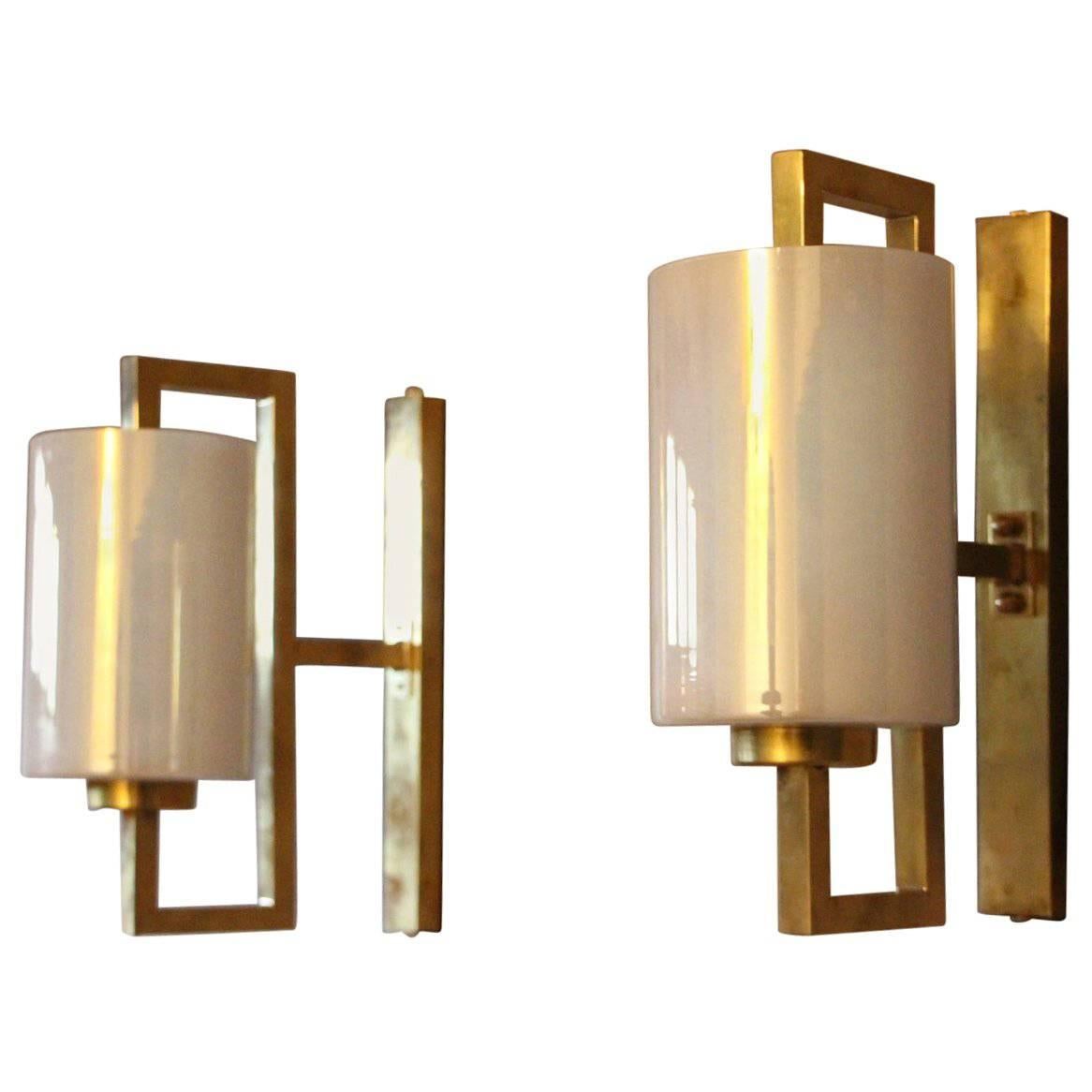 Pair of White Murano Glass and Brass Sconces, Iridescent and Pearly Cylinder