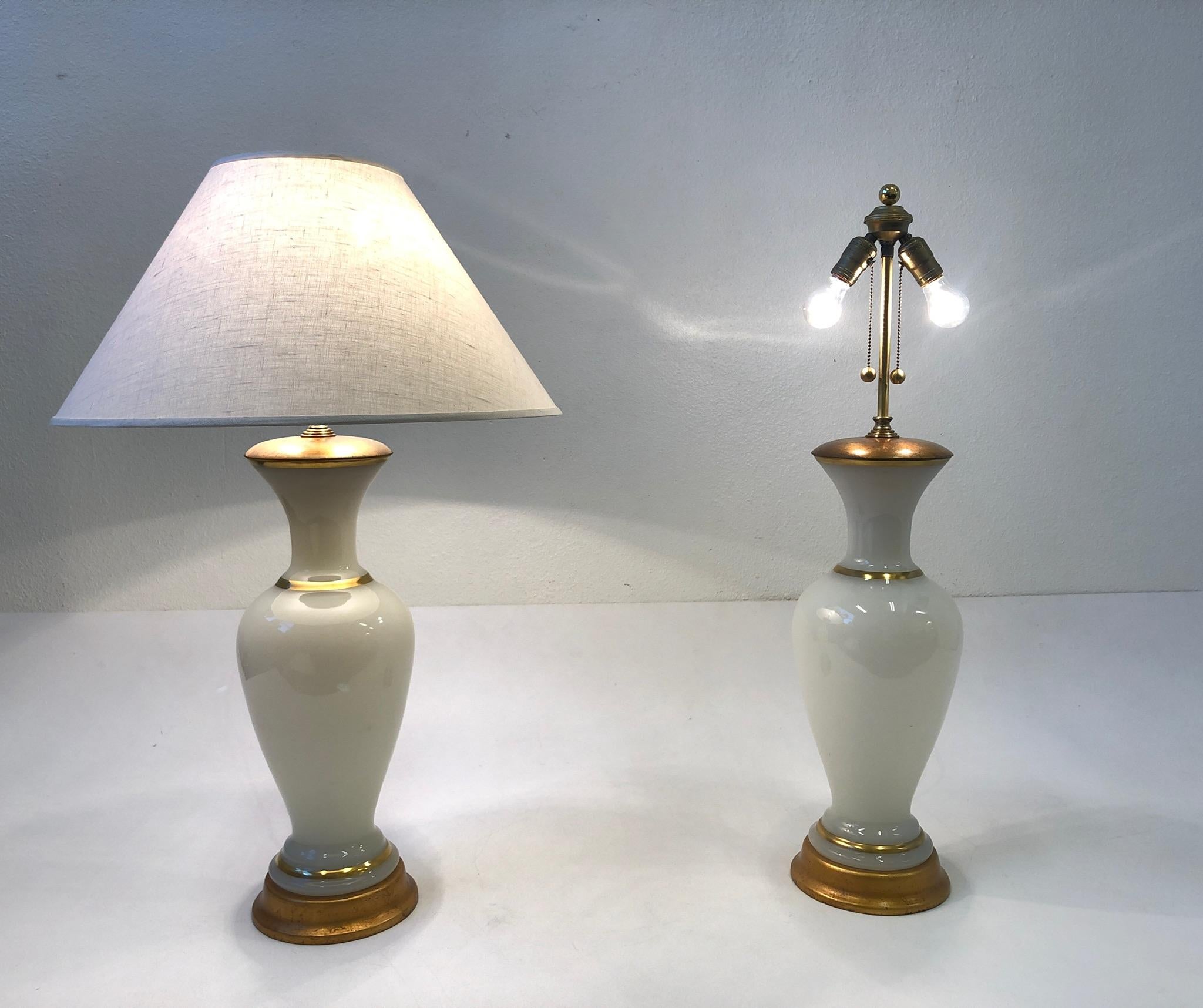 Pair of White Murano Glass and Brass Table Lamps by Marbro 3