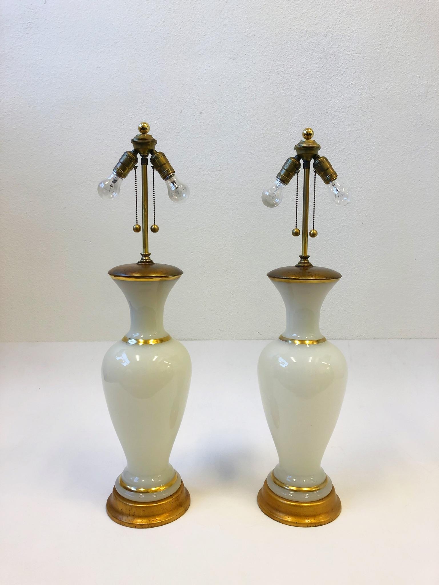Pair of White Murano Glass and Brass Table Lamps by Marbro 4