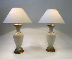 Pair of White Murano Glass and Brass Table Lamps by Marbro