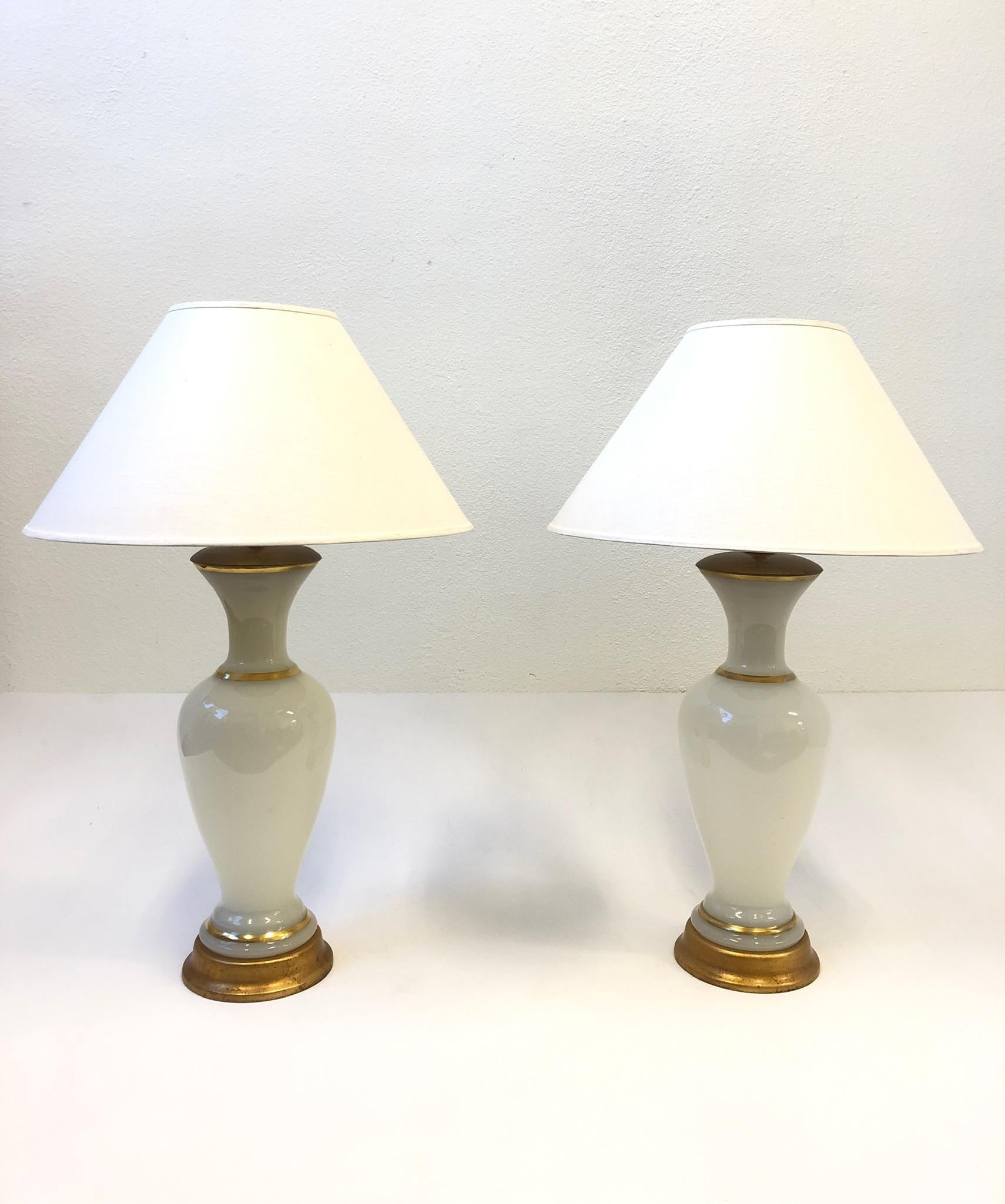 Italian Pair of White Murano Glass and Brass Table Lamps by Marbro